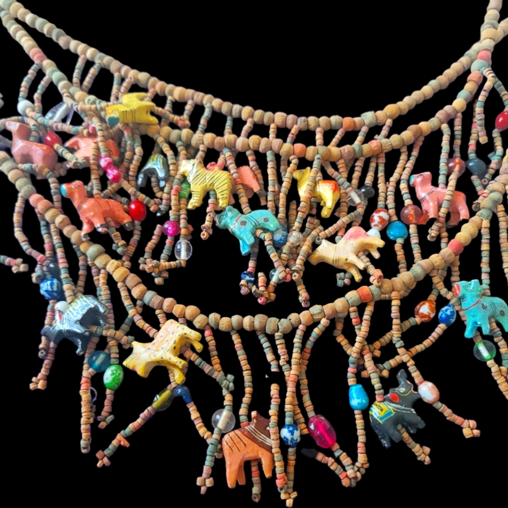 Tiered Wooded Beaded Animal Safari Necklace